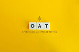 Operational Acceptance Testing (OAT) Banner. Initials on Block Letter Tiles on Yellow Background. Minimal Aesthetics.