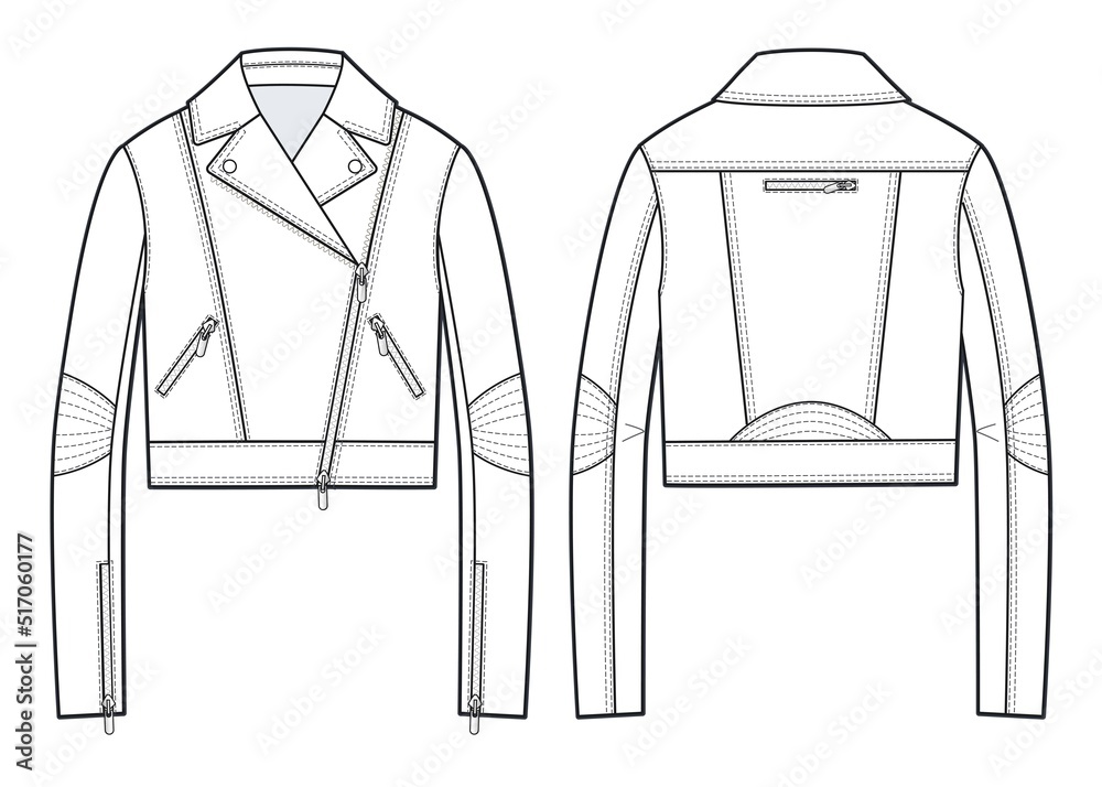 Unisex Biker Jacket fashion flat technical drawing template. Leather Jacket  fashion cad mockup, front, back view, white. Stock Vector | Adobe Stock