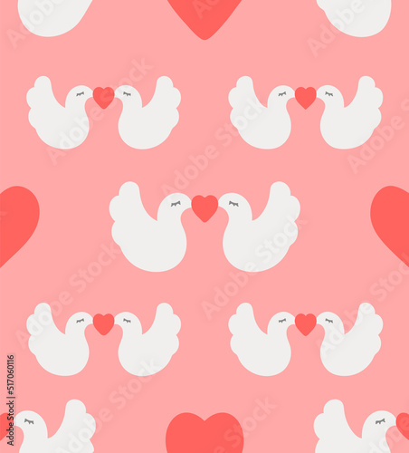Concept of wedding pattern with doves and hearts. Image isolated on pink background. Colored background. Vector illustration. Duplicate objects