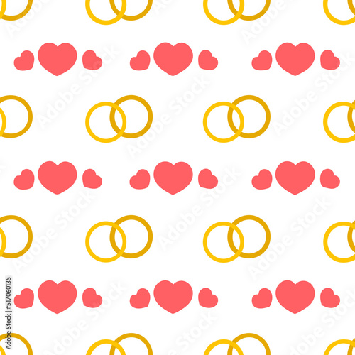Concept of repeating rings and hearts on white background. Wedding pattern for printing on wrapping paper invitations banners. Vector illustration