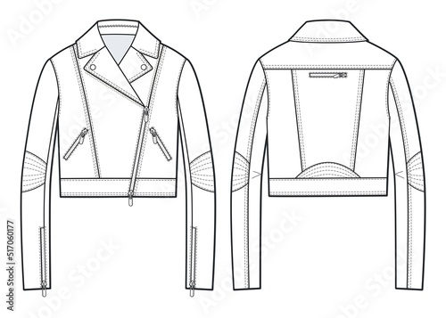 Unisex Biker Jacket fashion flat technical drawing template.  Leather Jacket fashion cad mockup, front, back view, white.