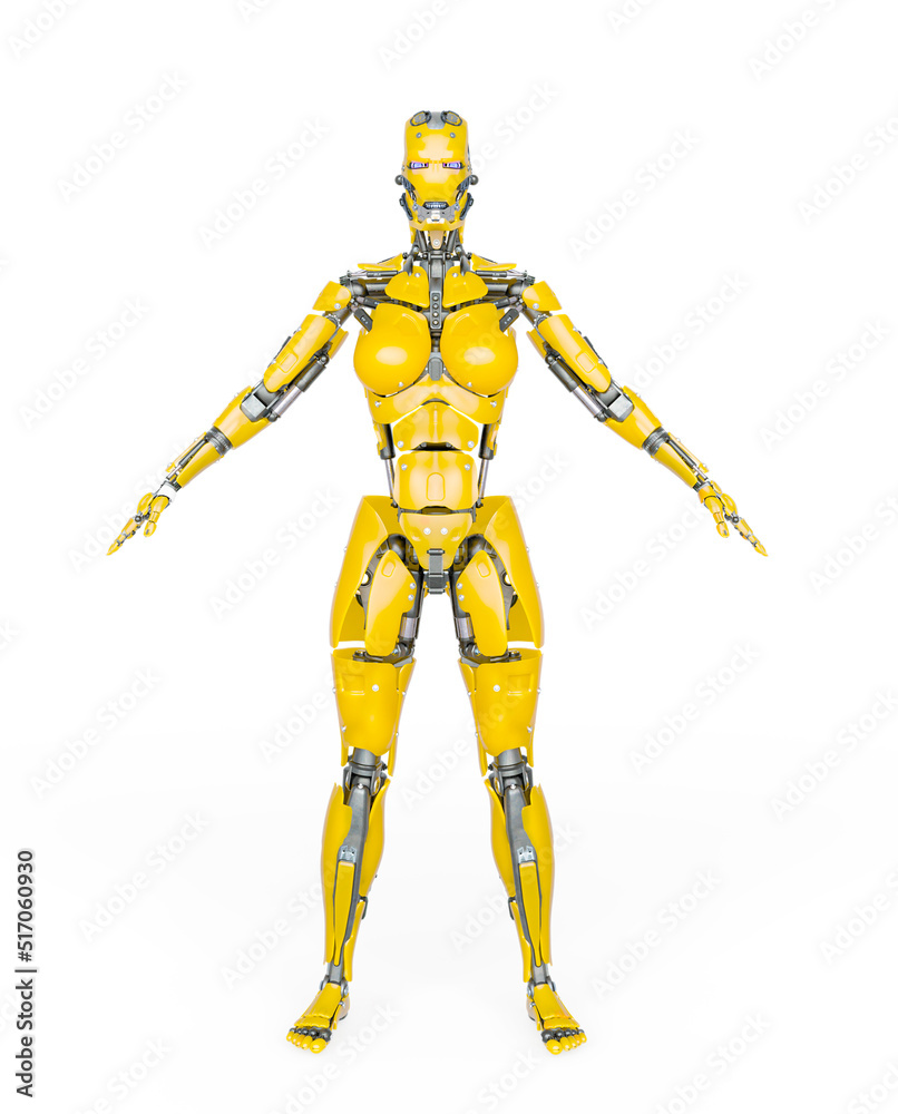 cyborg girl is doing an a pose on white background