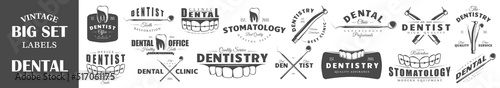 Set of dentist labels. Elements for design on the dentist theme. Collection of dentist symbols: tooth, jaw, dental tools. Modern labels of dentist. Emblems and logos of dentist. Vector illustration