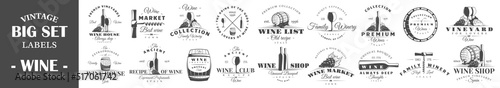 Set of wine labels. Elements for design on the wine theme. Collection of wine symbols: grape, bottle, barrel. Modern labels of wine. Emblems and logos of wine. Vector illustration
