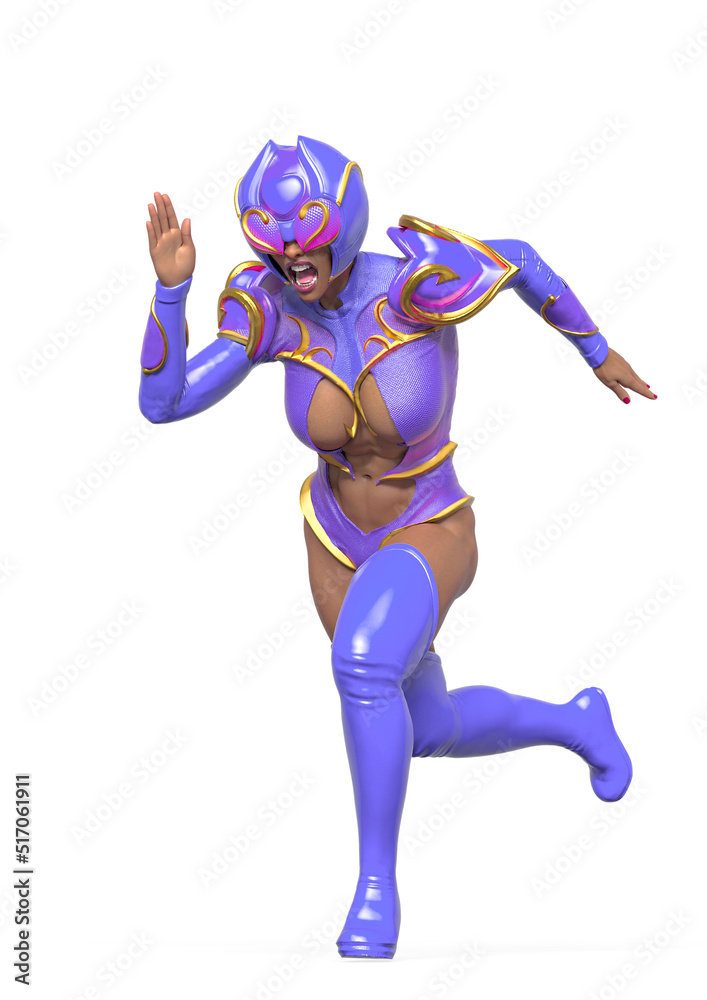 superheroine is running in action on white background