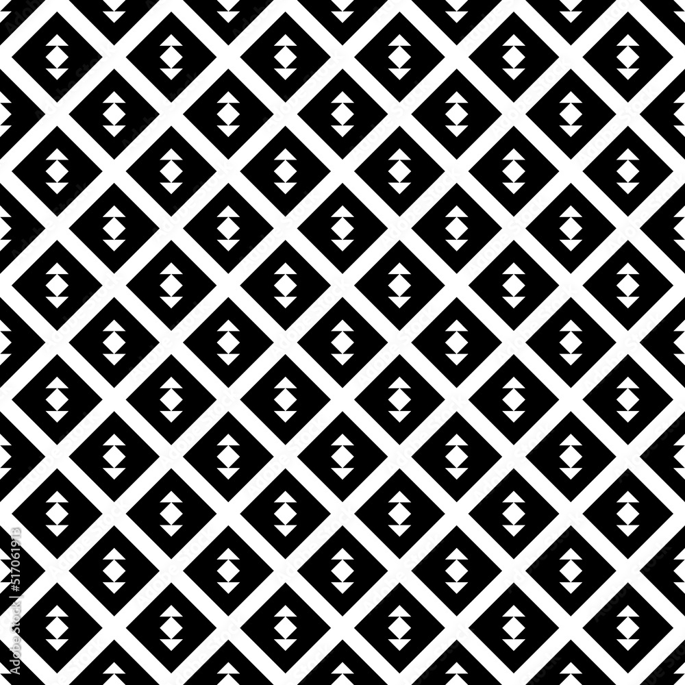 Repeated white figures and diagonal lines on black background. Ethnic wallpaper. Seamless surface pattern design with arrows ornament. Rhombuses and triangles motif. Digital paper for textile print. Repeated white figures and diagonal lines on black background. Ethnic wallpaper. Seamless surface pattern design with arrows ornament. Rhombuses and triangles motif. Digital paper for textile print.