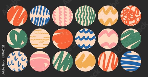 Set of round Abstract colorful Backgrounds or Patterns. Hand drawn doodle shapes. Spots, drops, curves, Lines. Contemporary modern trendy Vector illustration. Posters, Social media Icons templates.
