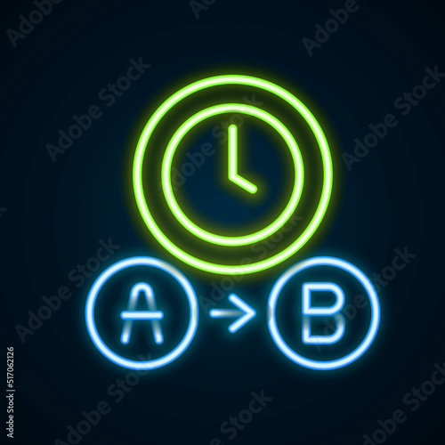 Glowing neon line Taxi waiting time icon isolated on black background. Car deadline, schedule ride. Colorful outline concept. Vector
