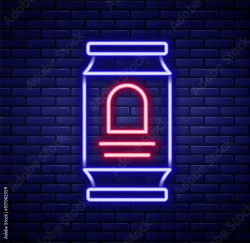 Glowing neon line Beer can icon isolated on brick wall background. Colorful outline concept. Vector