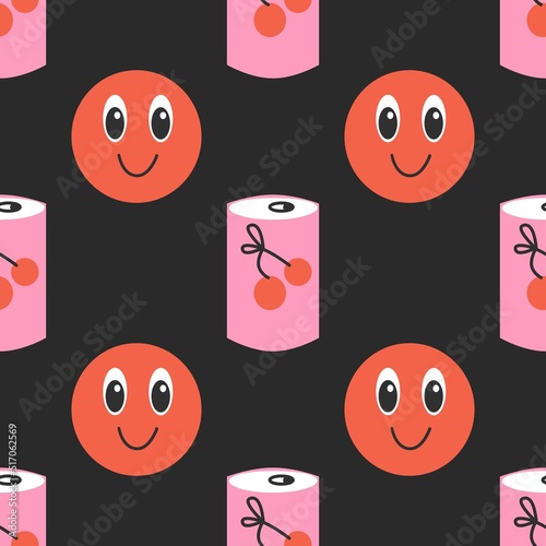Cool 70s pattern, retro print with hippie elements. Cartoon psychedelic style, face or monads in a jar of cherries, funky. Seamless background. photo