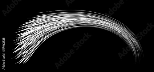 White flow brushstroke on black background.. Ribbon isolated line. Realistic volume wave. Liquid paint ink shape. Real vector illustration swirl blur. Crayons and chalk paint, fibers, hair and bunch.