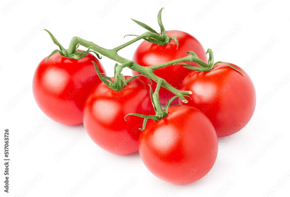 Branch of delicious fresh tomatoes, isolated on white background Branch of delicious fresh tomatoes, isolated on white background