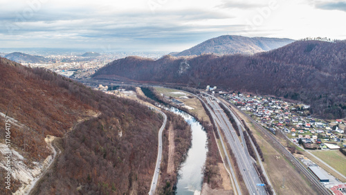 Aerial view of the northern part of Graz with the A9 highway, railway and the river Mur