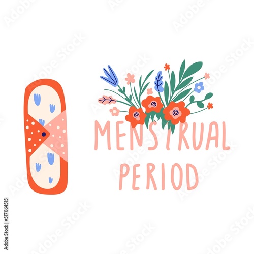 Female regular menstrual pad, cycle concept. Women period, menstruation, premenstrual syndrome, uterus. Hand draw vector illustrations.