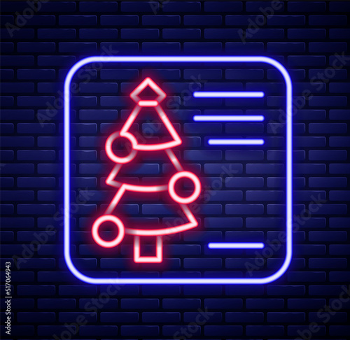 Glowing neon line Christmas postcard icon isolated on brick wall background. Merry Christmas and Happy New Year. Colorful outline concept. Vector
