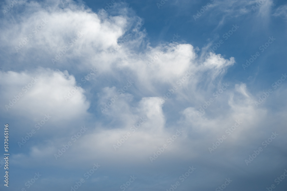 Natural background of blue sky with white cumulus clouds