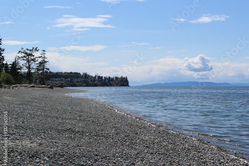A panoramic view of Birch Bay and islands from the beach in spring 