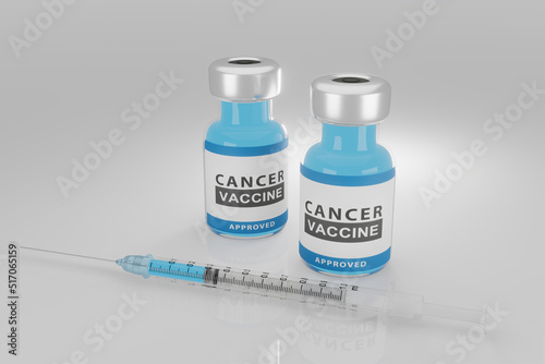 Cancer vaccine in vials on white background. Illustration of the concept of scientific research on cancer prevention.
