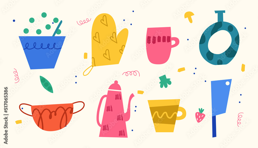 Collection of different dishes. Cartoon bright dishes. Vector illustration.