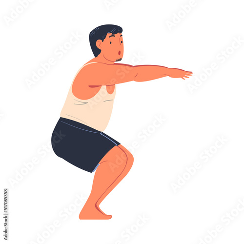 Young Man Character Squatting Doing Sport at Home Vector Illustration