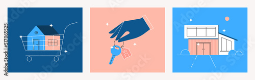 Buying house, new home. Mortgage concept. Investment in real estate, property. Hand holding a key with a ring, house in the shopping cart. Collection of isolated flat vector illustrations