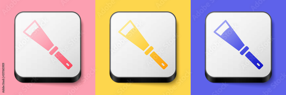 Isometric Beekeeping uncapping knife icon isolated on pink, yellow and blue background. Tool of the beekeeper. Square button. Vector Isometric Beekeeping uncapping knife icon isolated on pink, yellow and blue background. Tool of the beekeeper. Square button. Vector