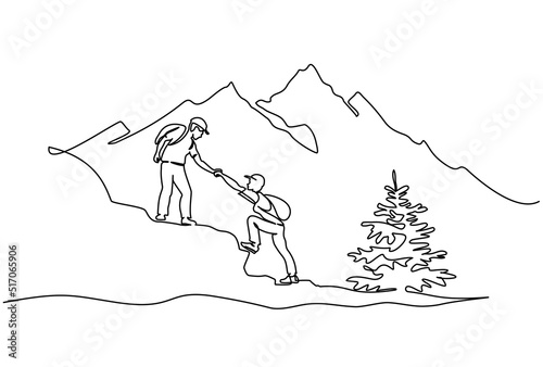 Tourists man woman helping each other hike up mountain.