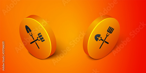 Isometric Shovel and rake icon isolated on orange background. Tool for horticulture, agriculture, gardening, farming. Ground cultivator. Orange circle button. Vector © Iryna