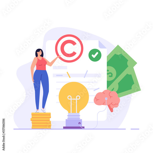 Copyright vector illustration. Concept of intellectual property, copyright, authorship rights. Woman protecting data license. Vector illustration in flat cartoon design for web banner, UI