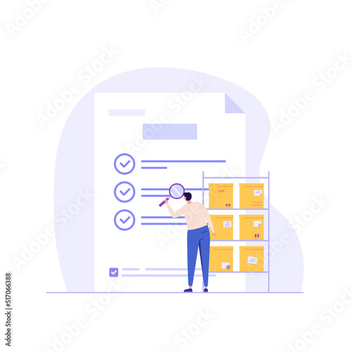 Product quality control illustration. Concept of product guarantee, service quality. Man checking certificate. Employee inspecting boxes. Vector illustration in flat design for web banner, UI