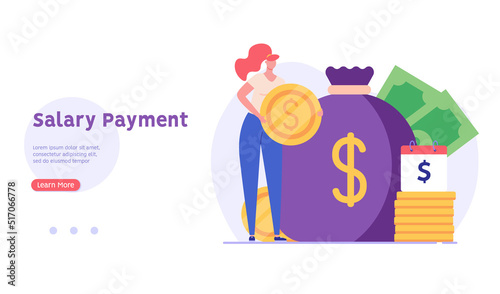Man stands with a new income, received a salary. Concept of salary payment, salary increase, rise, businessman, financial growth. Vector illustration in flat design