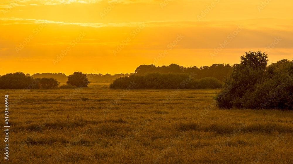Orange sillhouette sunset over grassland river valley Orange sillhouette sunset over grassland river valley