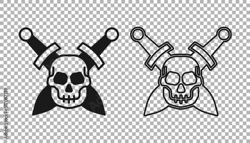Black Crossed medieval sword with skull icon isolated on transparent background. Medieval weapon. Vector