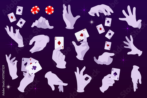 Set of hand poses. Magician with cards. Casino style. Chips. Cartoon vector illustration.