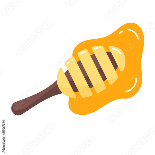 Wooden honey stick or spoon. Vector illustration in cartoon style on a white background. Under the spoon spreads transparent liquid golden honey. Traditional food utensil. 