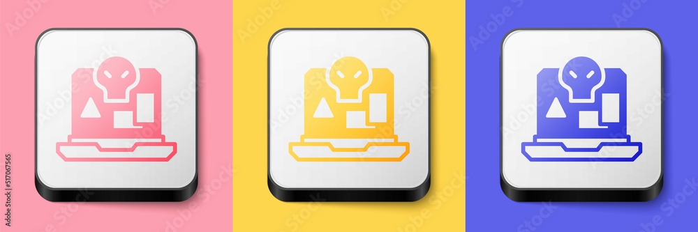 Isometric Internet piracy icon isolated on pink, yellow and blue background. Online piracy. Cyberspace crime with file download and movies sharing. Square button. Vector Isometric Internet piracy icon isolated on pink, yellow and blue background. Online piracy. Cyberspace crime with file download and movies sharing. Square button. Vector