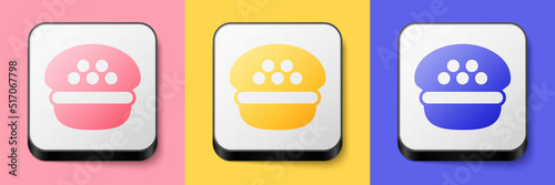 Isometric Taxi driver cap icon isolated on pink, yellow and blue background. Square button. Vector