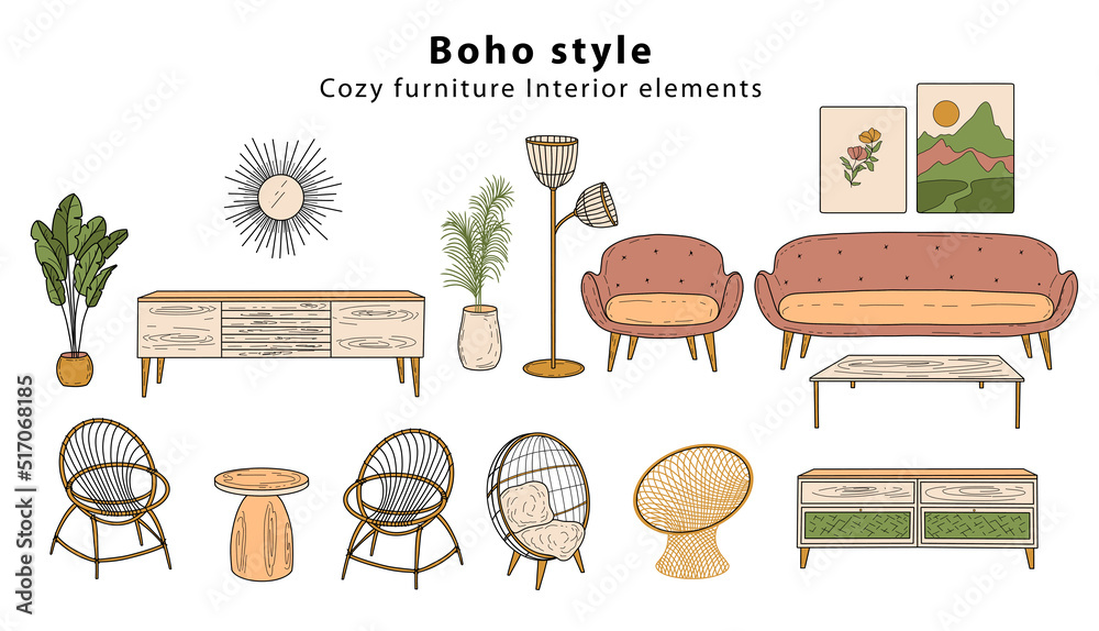 Scandinavian furniture Interior elements Boho style. Cozy home environment for the living room. Hand-drawn doodle style elements. Vector illustration - obrazy, fototapety, plakaty 