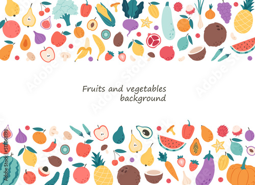 Vegetables, fruits, berries and mushrooms background. Natural organic nutrition. Healthy food, dietetics products, fresh vitamin grocery products. Vector illustration in flat style