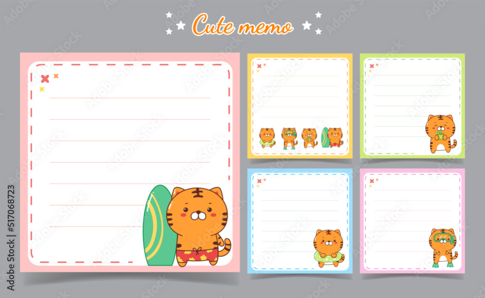 cute tiger summer memo notes Template for Greeting Scrap booking Card Design
