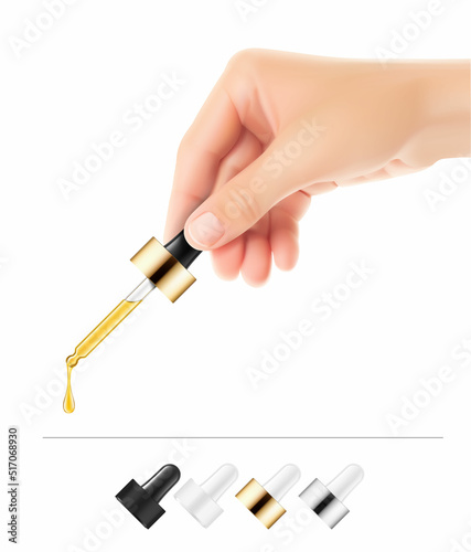 Realistic female hand holding dropper pipette. Vector illustration isolated on white background. EPS10. photo