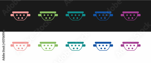Set Kitchen colander icon isolated on black and white background. Cooking utensil. Cutlery sign. Vector