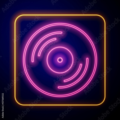 Glowing neon Vinyl disk icon isolated on black background. Vector