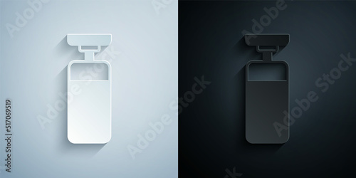Paper cut Punching bag icon isolated on grey and black background. Paper art style. Vector