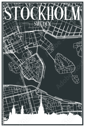 Dark printout city poster with panoramic skyline and hand-drawn streets network on dark gray background of the downtown STOCKHOLM, SWEDEN