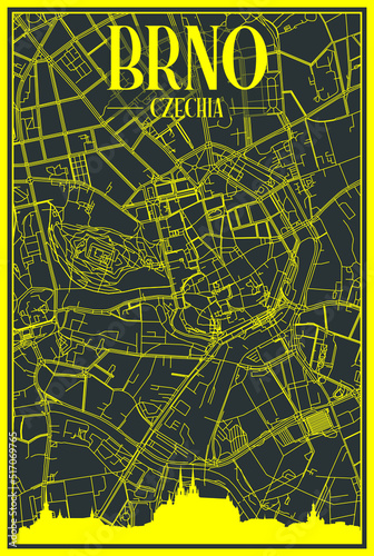 Yellow printout city poster with panoramic skyline and hand-drawn streets network on dark gray background of the downtown BRNO, CZECHIA