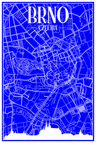 Technical drawing printout city poster with panoramic skyline and hand-drawn streets network on blue background of the downtown BRNO, CZECHIA