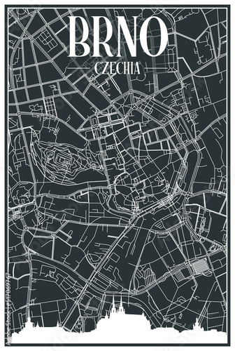 Dark printout city poster with panoramic skyline and hand-drawn streets network on dark gray background of the downtown BRNO, CZECHIA