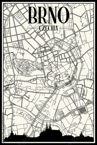 Light printout city poster with panoramic skyline and hand-drawn streets network on vintage beige background of the downtown BRNO, CZECHIA