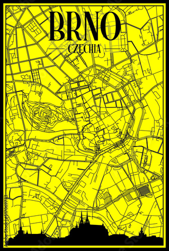 Golden printout city poster with panoramic skyline and hand-drawn streets network on yellow and black background of the downtown BRNO, CZECHIA